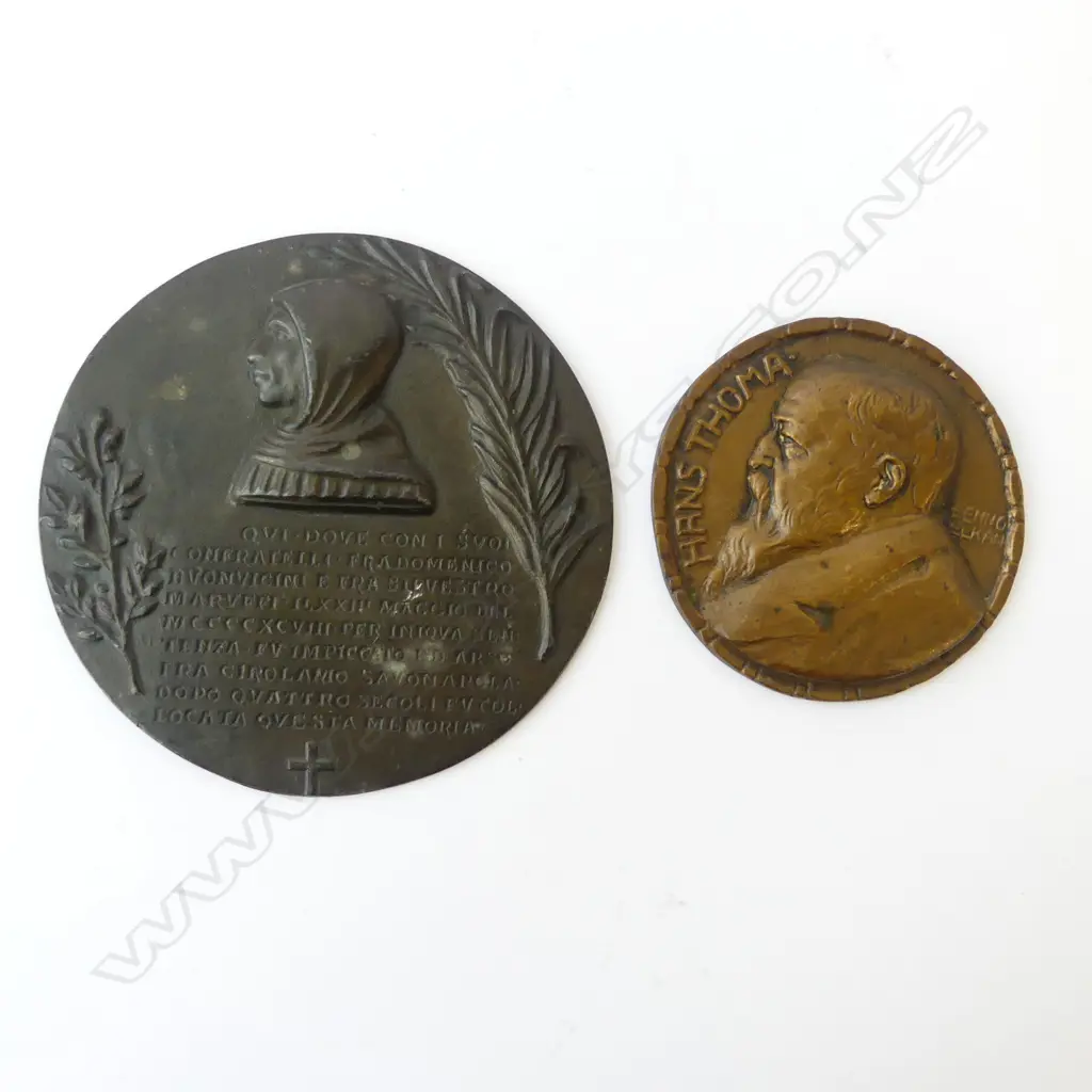2 OLD BRONZE PORTRAIT PLAQUES: HANS THOMA + 'QVI...' religious Dia.115mm Image 1++