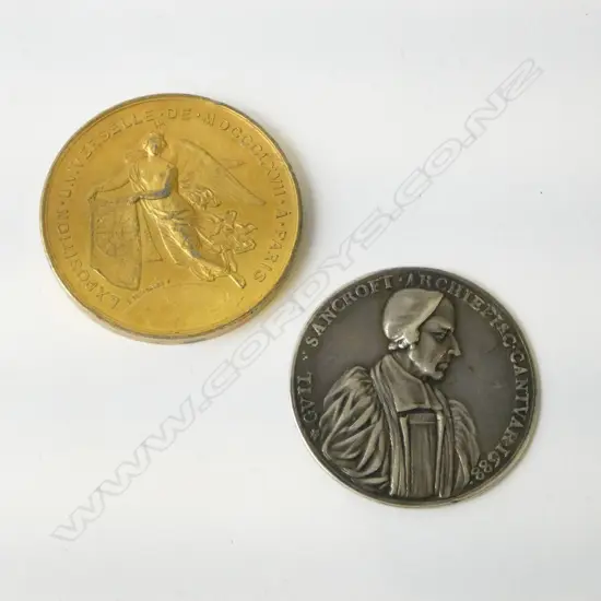 WILLIAM SANCROFT ARCHBISHOP OF CANTERBURY 1688 CAST SILVER MEDAL 22gms + NAP. III UNIVERSAL EXPOSITION 1867 GILT BRONZE