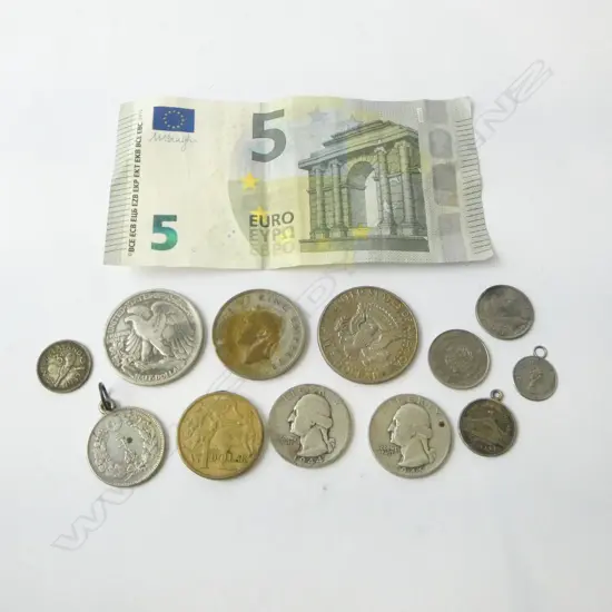 AUCKLAND INDUSTRIAL EXHIBITION 1898-9 small MEDALLION 'struck at the exhibition' + asst OLD COINS ETC 5 EURO banknote