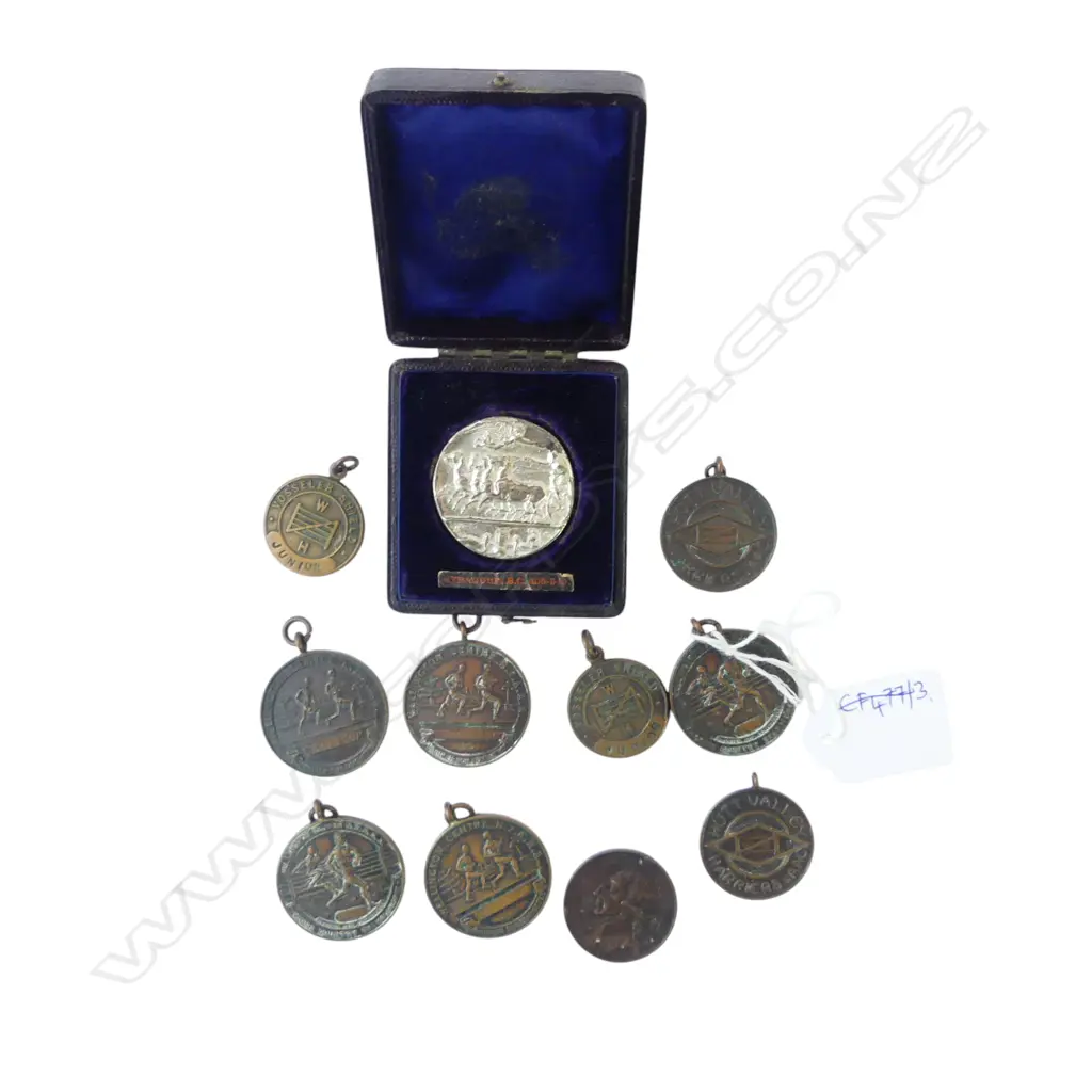 10 1950s BRASS HARRIER MEDALS; 5 WGTN, 4 HUTT VALLEY, 1 AUST 150th ANNV. 1938 + REPRO GREEK DECADRACHM COIN - Arethusa Image 1++
