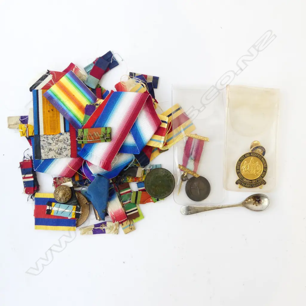 MT. EGMONT LODGE MEDAL, ERII ROYAL VISIT MEDAL, N.Z. 1950 PENNY + 2 OTHER LODGE ACCOUTREMENTS & ASST. RIBBONS Image 1++