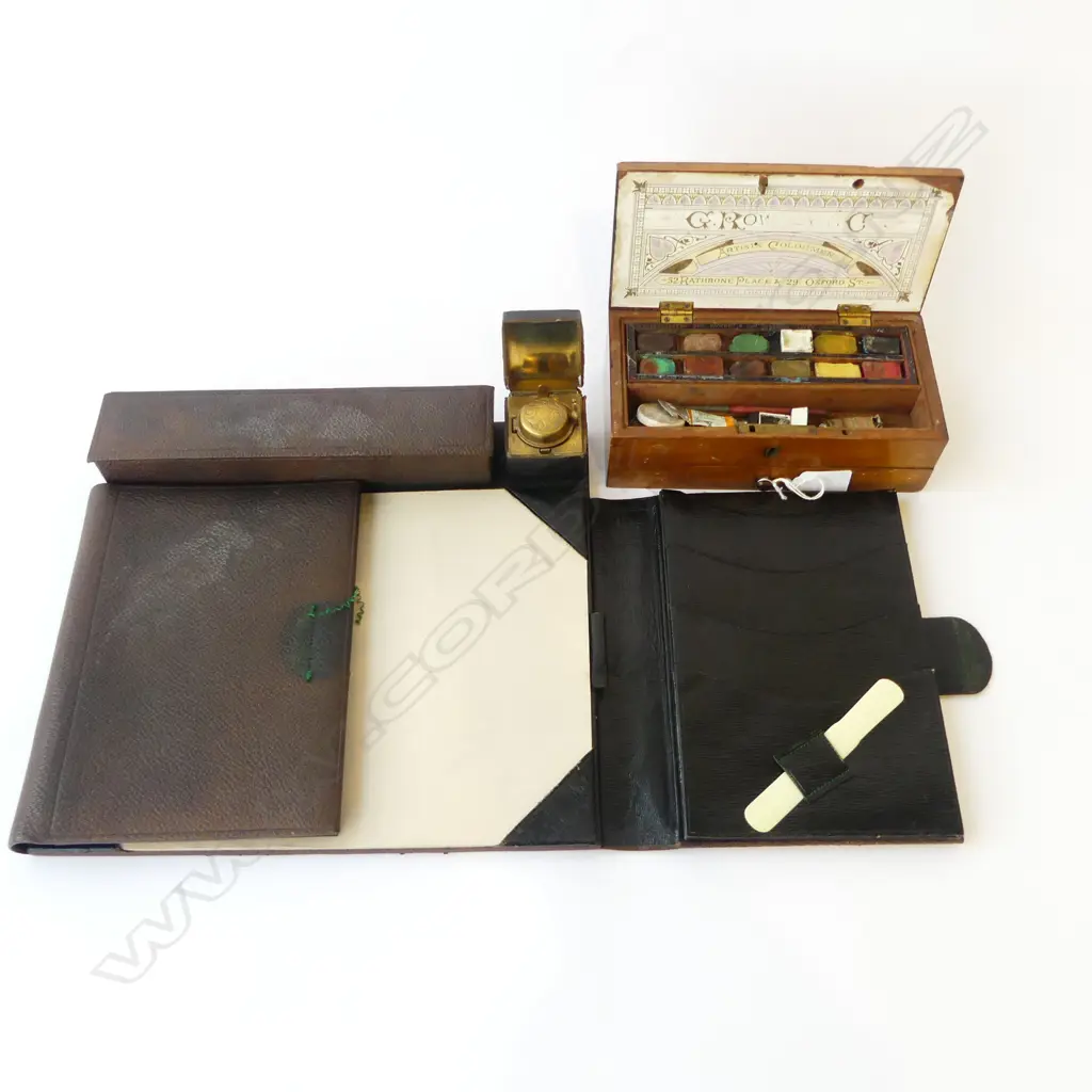 VICTORIAN WOODEN PAINTBOX & VINTAGE LEATHER BLOTTER CASE w BRASS INKWELL,  Image 1++