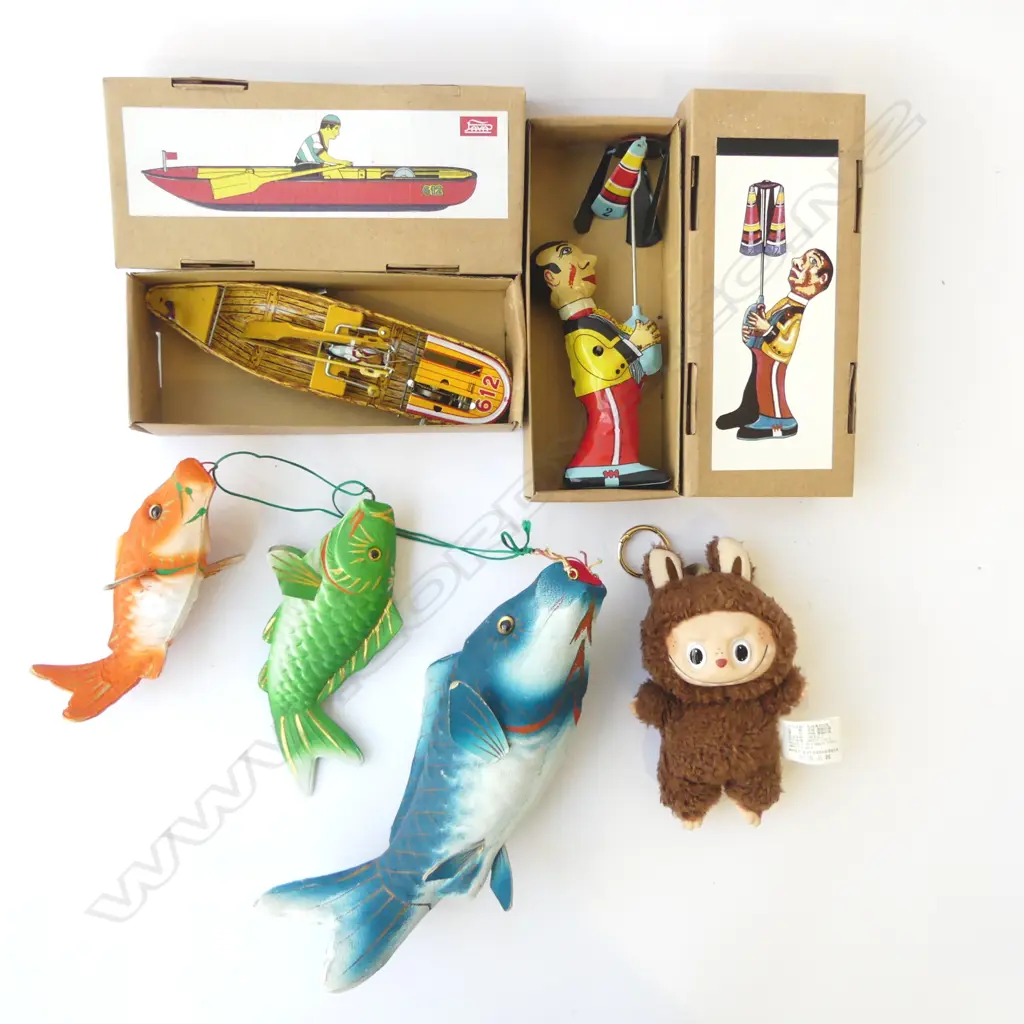 TWO WINDUP TOYS; ROWING BOAT & MAN w TWIRLER, POPMART MONSTER DOLL & HANDPAINTED JAPANESE HANGING FISH Image 1++