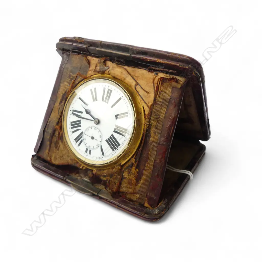 ANTIQUE BRASS & ENAMEL TRAVEL CLOCK IN CROCODILE SKIN CASE A/F Image 1++
