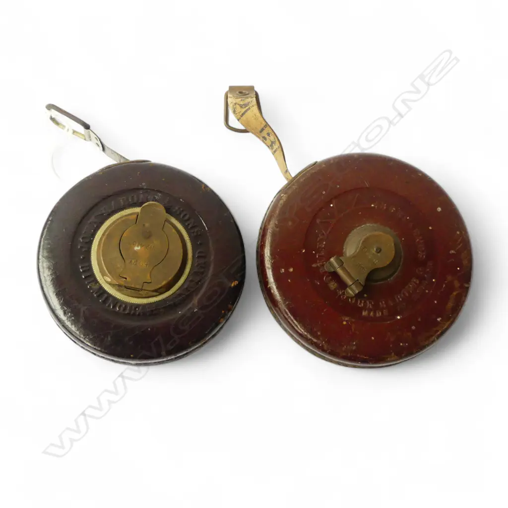TWO RABONE LEATHER & BRASS 50FT MEASURING TAPES ONE STEEL & ONE LINEN, D.95MM-105MM Image 1++