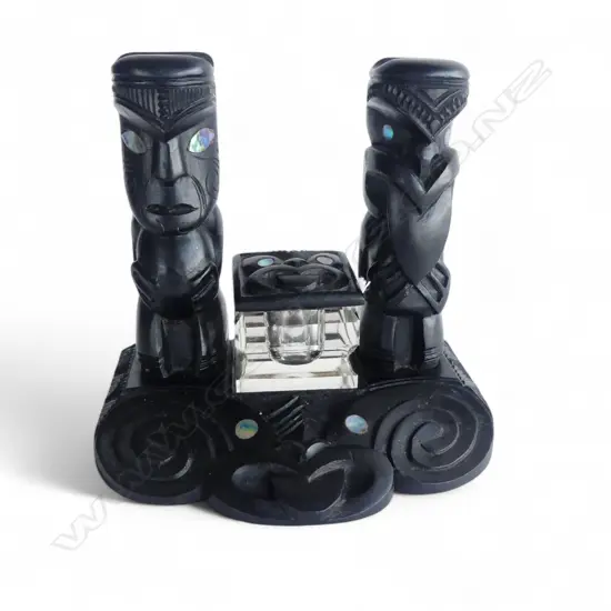 CARVED MAORI EBONISED INKWELL W.155mm