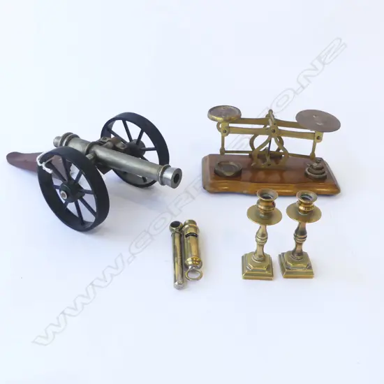VINTAGE CANON MODEL, SCALES & 4 BRASS PIECES
