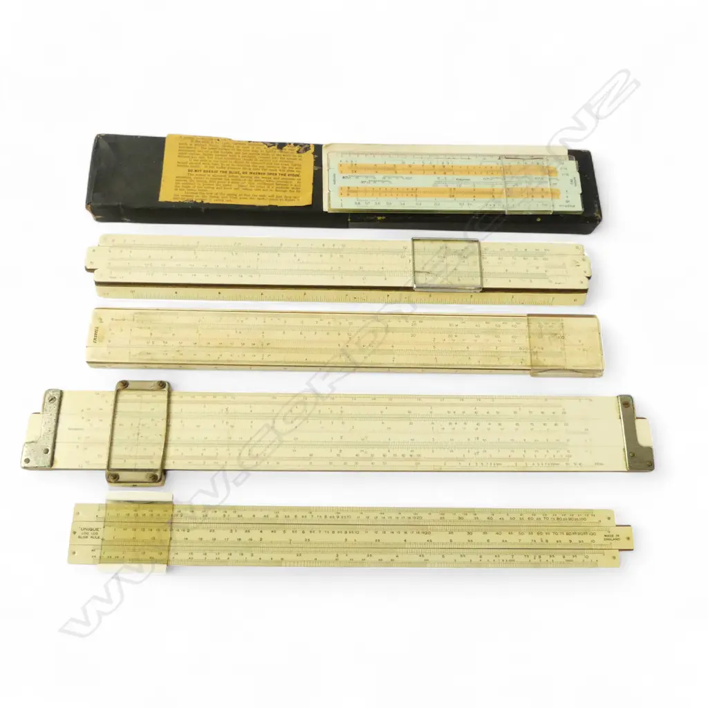 FIVE VINTAGE SLIDE RULES ‘THE UNIQUE’, ‘ERSTELL’ ETC  Image 1++