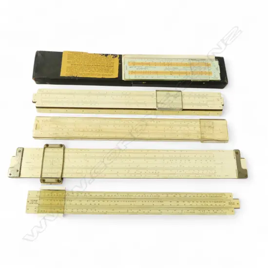 FIVE VINTAGE SLIDE RULES ‘THE UNIQUE’, ‘ERSTELL’ ETC 