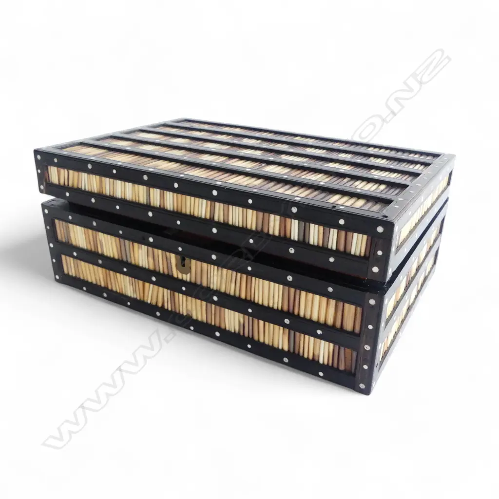 OLD PORCUPINE QUILL JEWEL BOX. Ebony frame with bone inlay. 12 lidded compartments inside. 270 x 185 x 110mm Image 1++