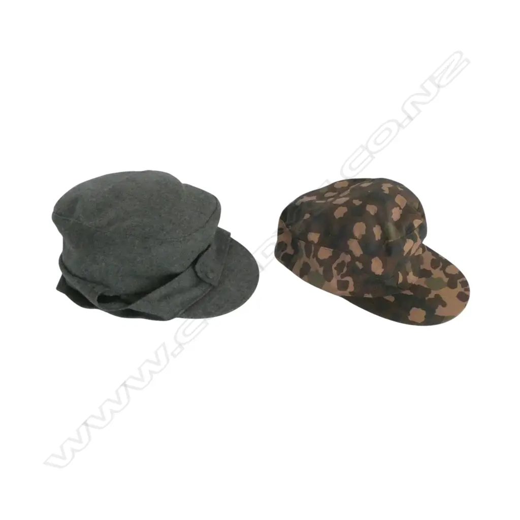 2 REPRO. MILITARY HATS;  WAFFEN SS M44 PEADOT FIELD CAP SIZE 61cm + GERMAN WHERMACT M43 FIELD GRAY CAP SIZE 62cm AS NEW Image 1++