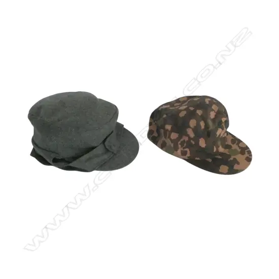 2 REPRO. MILITARY HATS;  WAFFEN SS M44 PEADOT FIELD CAP SIZE 61cm + GERMAN WHERMACT M43 FIELD GRAY CAP SIZE 62cm AS NEW