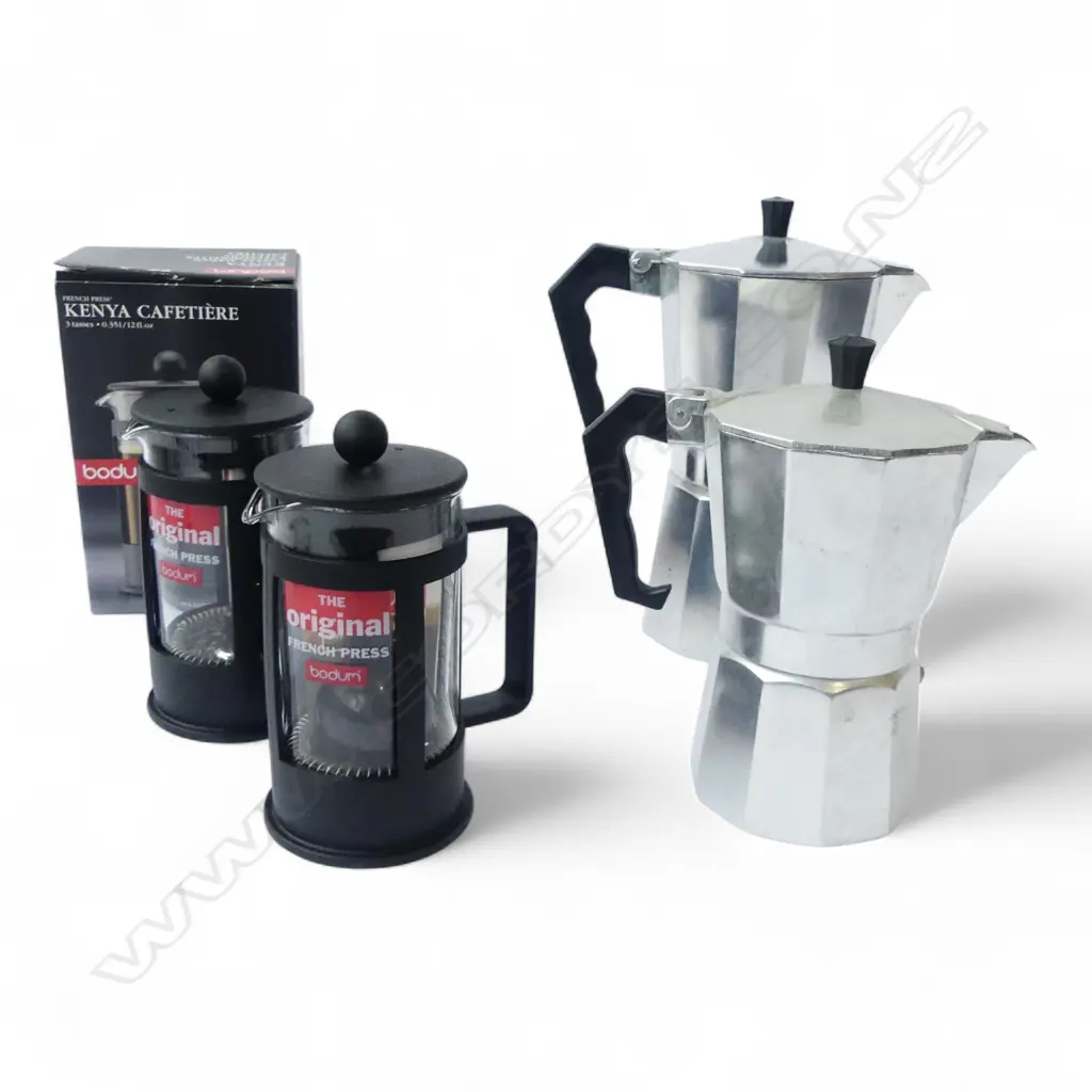 TWO STOVETOP ESPRESSO MAKERS & TWO NEW BODUM FRENCH PRESS COFFEE PLUNGERS, H.160-230MM Image 1++