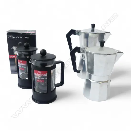 TWO STOVETOP ESPRESSO MAKERS & TWO NEW BODUM FRENCH PRESS COFFEE PLUNGERS, H.160-230MM