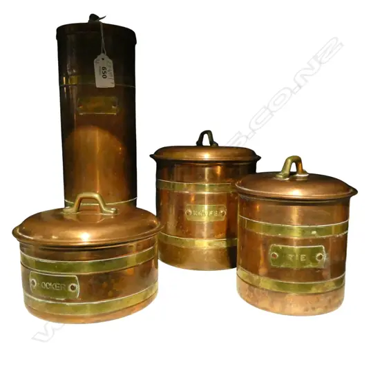 4 COPPER KITCHEN CONTAINERS; KAFFE, TE, SOCKER, SPAGETTI H.295mm