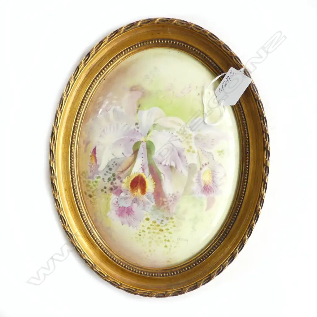 C1920 FINELY HAND PAINTED ORCHID PLAQUE signed E.R. Booth in gilt frame. H.280mm Image 1++