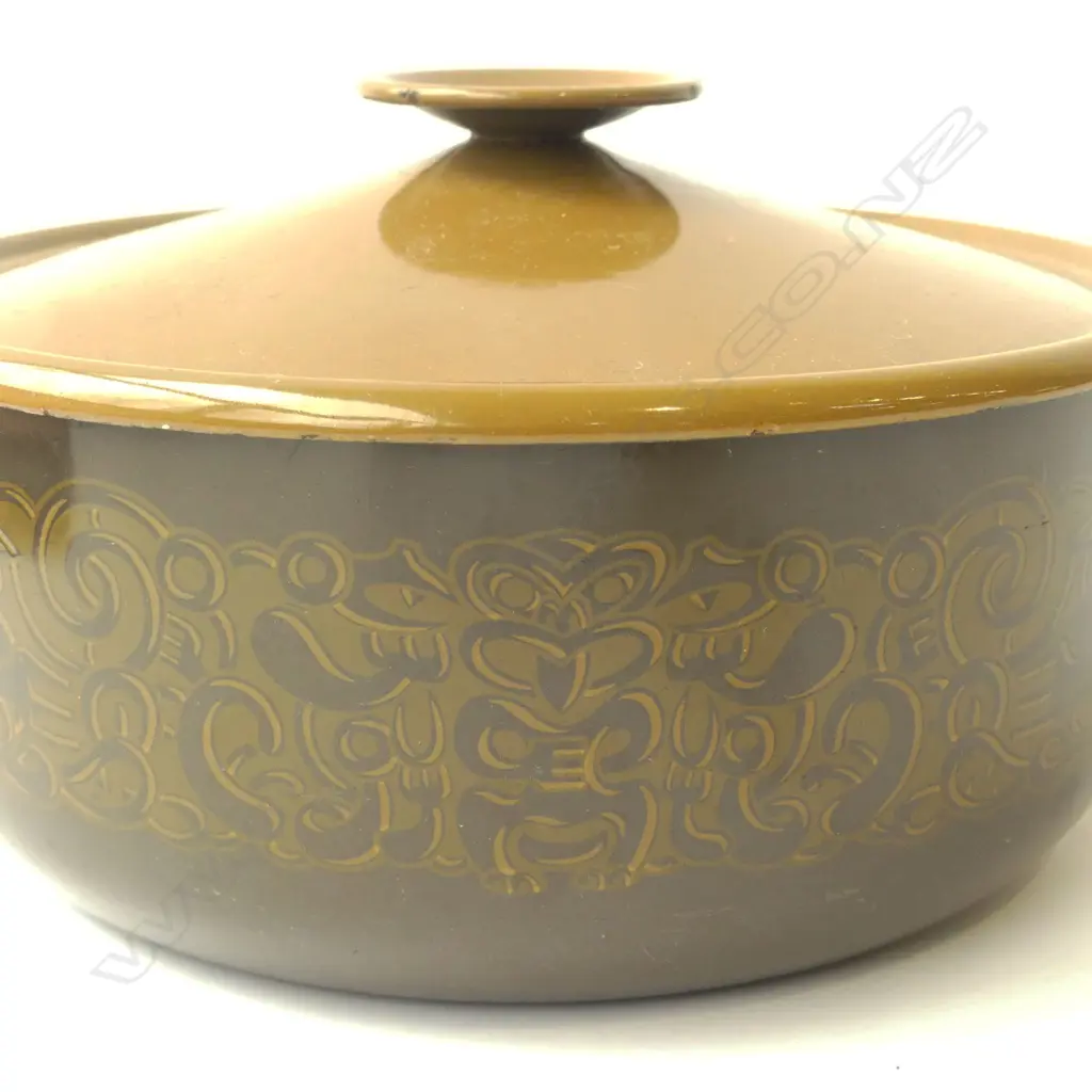 VINTAGE TIKI PATTERN ENAMELED LIDDED CASSEROLE ‘MADE IN NZ’ KIWI, D.200MM Image 1++