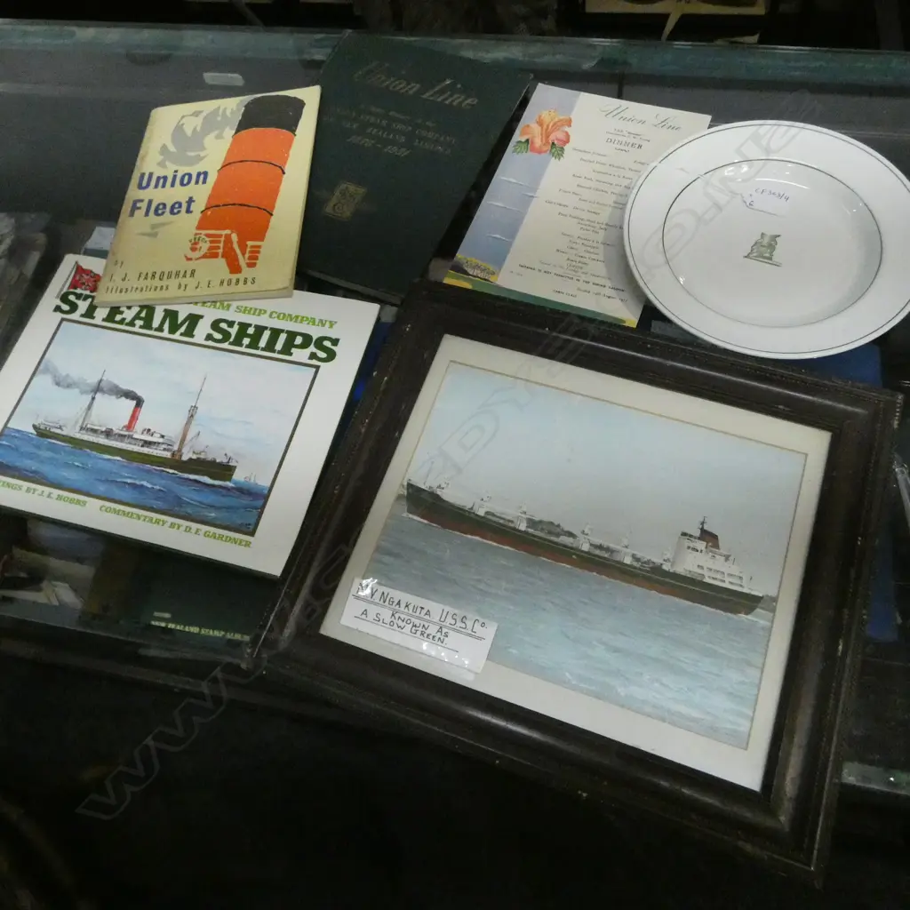 6 PCES NAUTICAL INTEREST; U.S.S.Co. PLATE, 3 BOOKS, MENU, FRAMED HAND COLOURED PHOTO 'NGAKUTA' 190x250mm Image 1++