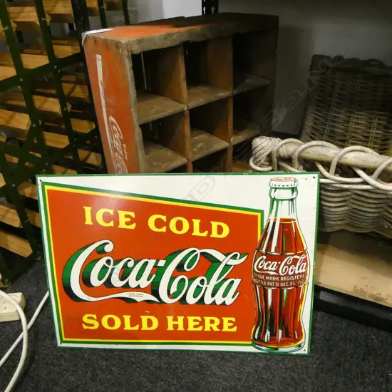OLD COCA COLA LARGE BOTTLE CRATE + REPRO TIN ADVERTISING