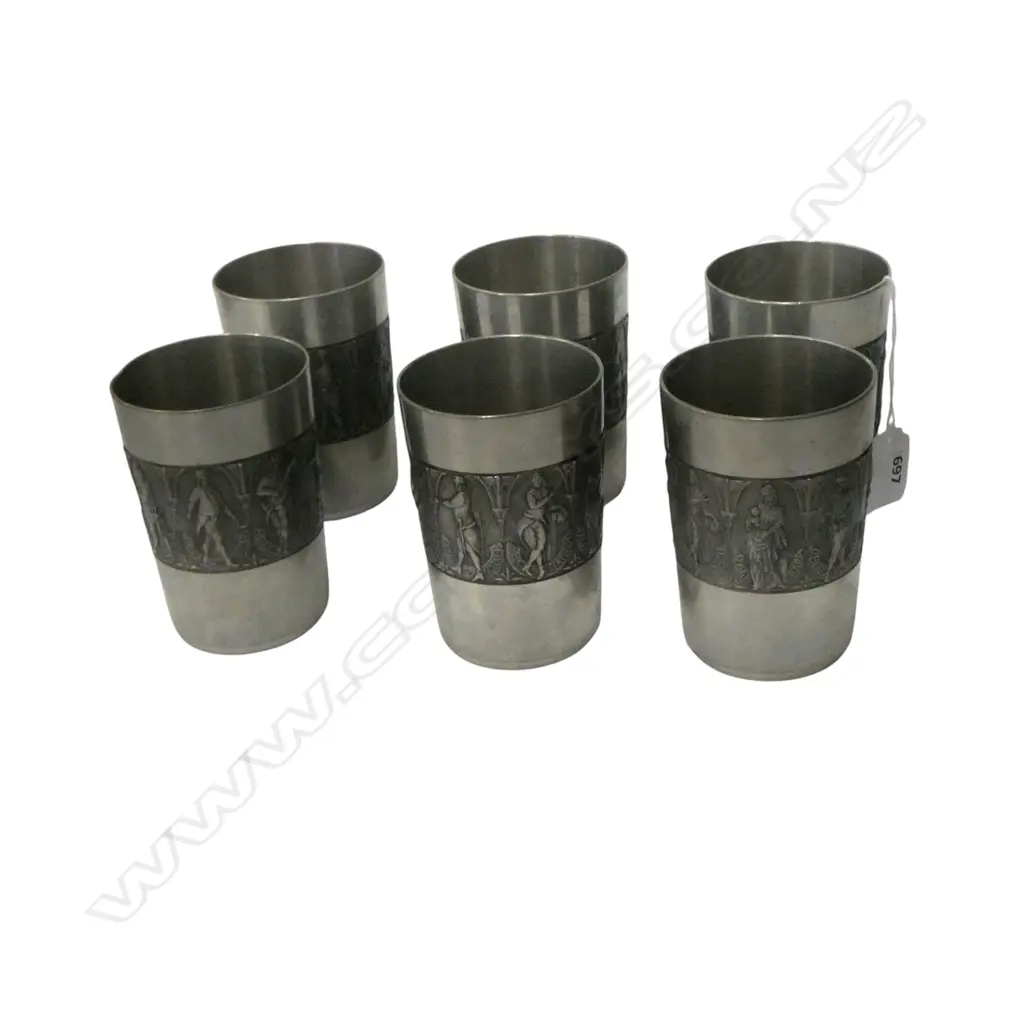 SIX GERMAN PEWTER TUMBLERS DECORATED WITH FIGURES IN RELIEF Image 1++