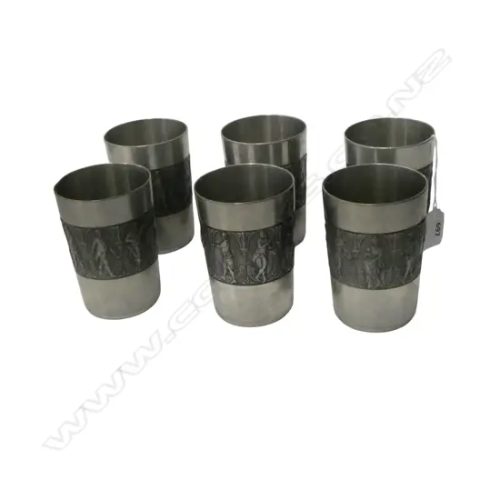 SIX GERMAN PEWTER TUMBLERS DECORATED WITH FIGURES IN RELIEF
