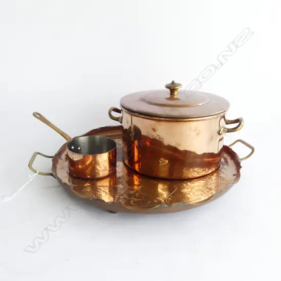 VINTAGE COPPER TRAY 360mm dia + LIDDED POT 210mm & PAN 90mm dia