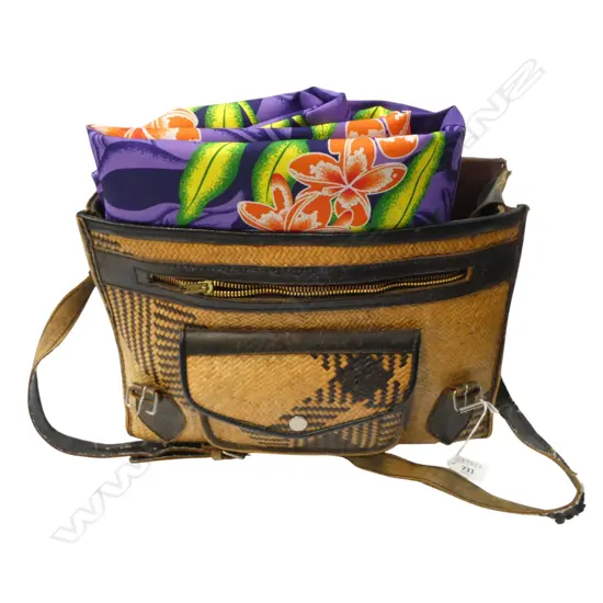 WOVEN CANE & LEATHER BAG W.370mm + PACIFIC FABRIC