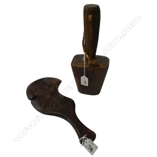 2 PCS; HAND HEWN WOODEN MALLET & CARVED MAORI WAHAIKA, L.320mm