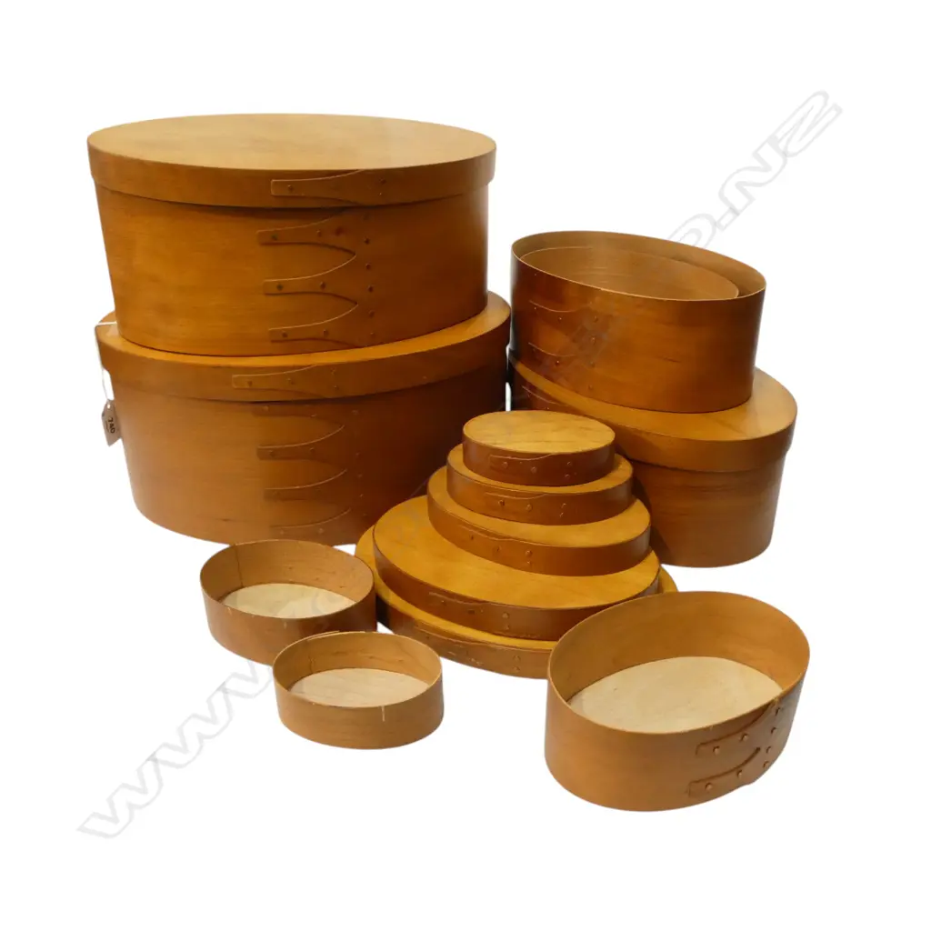 8 GRADUATING 'PILGRIM CRAFTS' SHAKER STYLE OVAL BENTWOOD BOXES W.305 - 95mm Image 1++