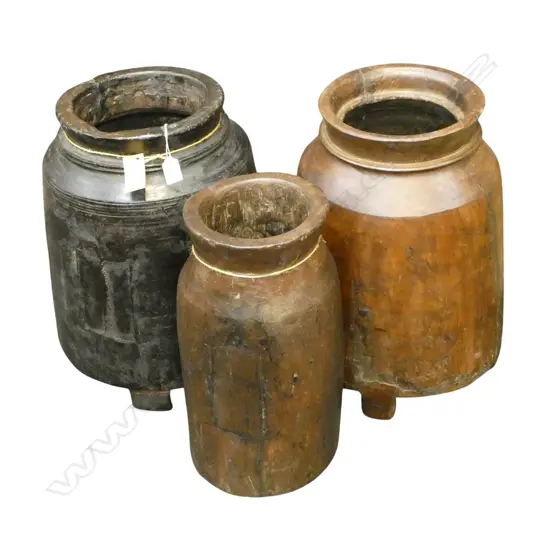 3 ORNAMENTAL WOODEN VESSELS H.500mm