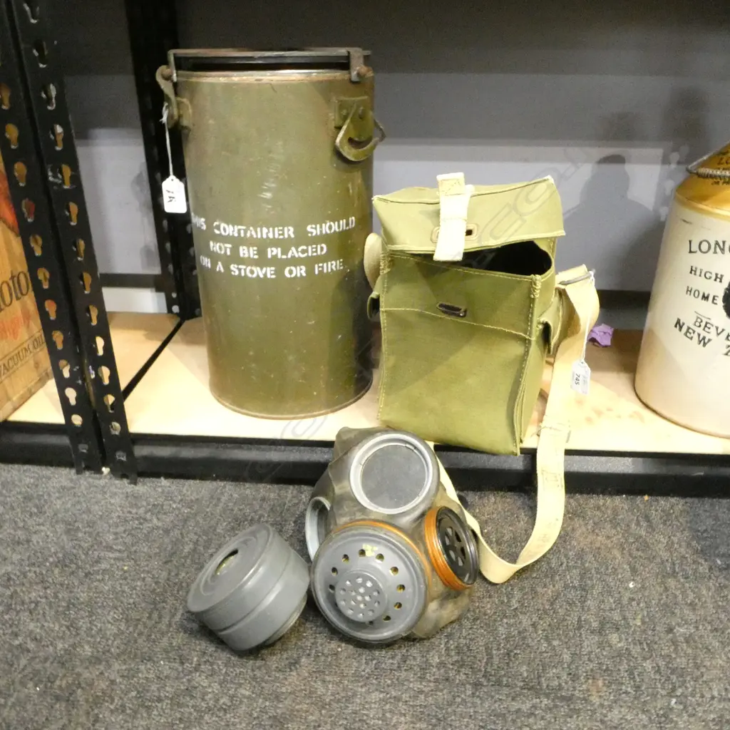 ORIGINAL WWII GAS MASK, MINT CONDITION WITH OLD FOOD STORE, H.360mm Image 1++