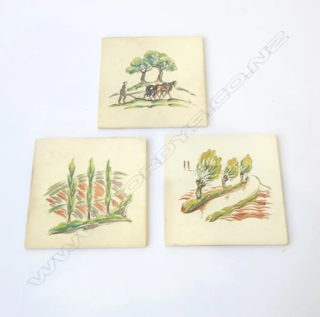 THREE c1940s ENGLISH ARTIST PAINTED TILES two initial 'OR' 155x155mm Image 1++