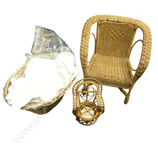 2 CANE CHAIRS (CHILD & DOLL SIZE) + BASKET w. LINENS