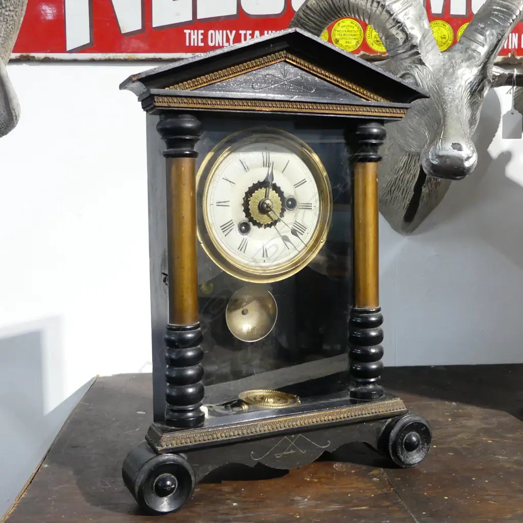 c.1900 GERMAN WOODEN ALARM MANTEL CLOCK GERMAN, CLASSICAL BUILDING PORTICO, H.360mm Image 1++