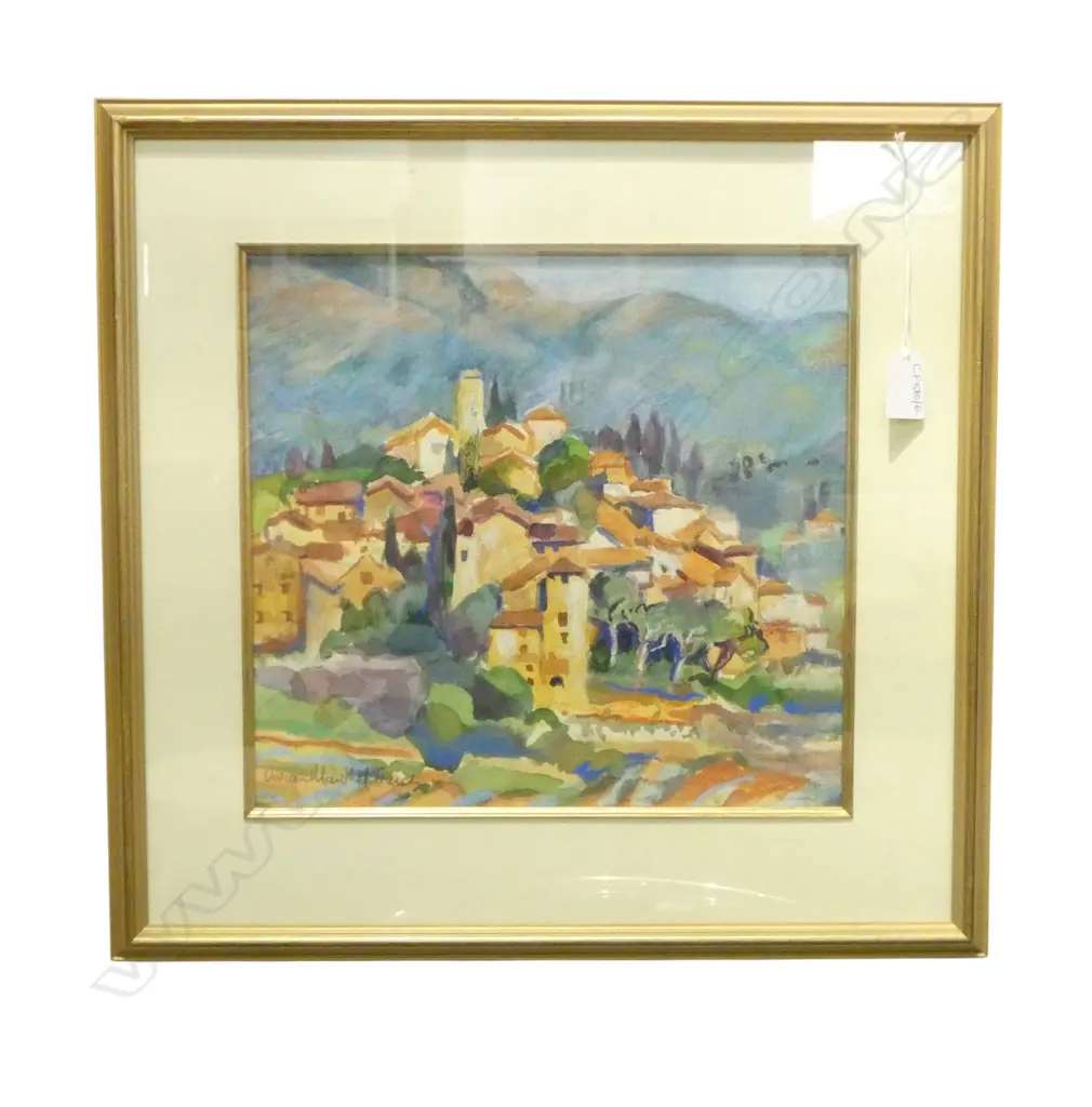 VIVIAN MANTHEL-FRENCH, MEDITERRANEAN HILLSIDE TOWN, WC & PASTEL 285x305mm Image 1++