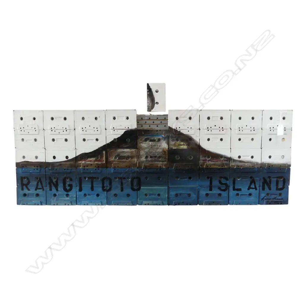 SIGNED ARTWORK 'RANGITOTO ISLAND' ACRYLIC ON CASSETTES, 2013, 320x920mm Image 1++