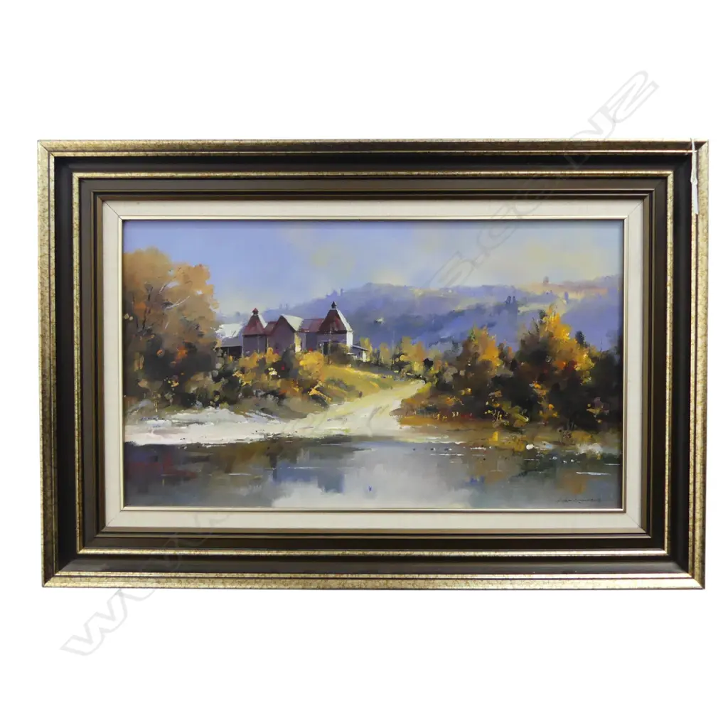 ALLAN CROMBIE 'KILN OVER THE STREAM... WAKEFIELD AREA, NELSON' OIL ON BOARD 1987 340x585mm Image 1++