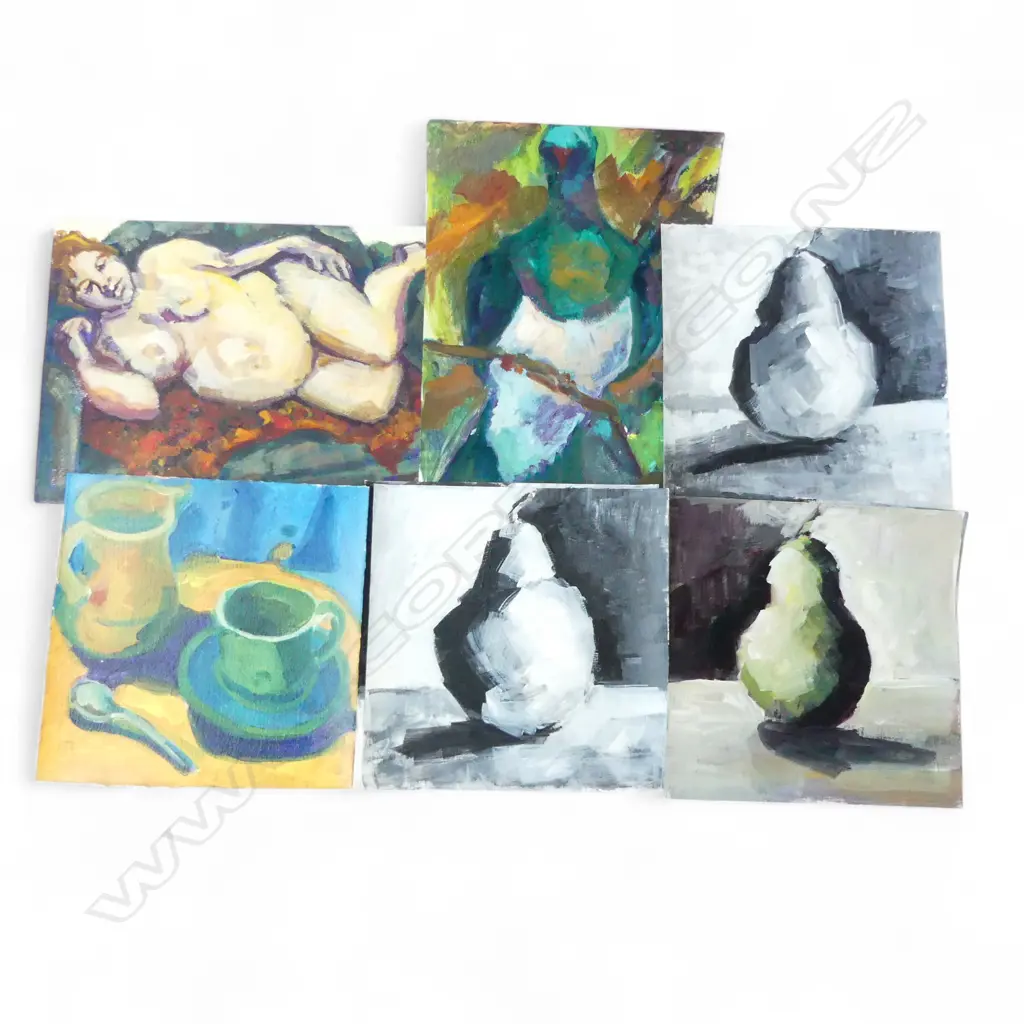 8 GLENYS CULLIMORE ACRYLIC ON CARD PAINTINGS NUDE, PEARS, STILL LIFE ETC UNSIGNED, L.280MM-370MM Image 1++