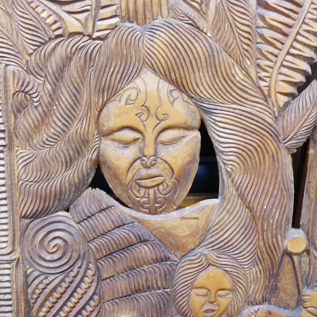 LARVE CARVED MAORI PANEL DEPICTING MARAE, WAHINE, etc 1850x680mm Image 1++