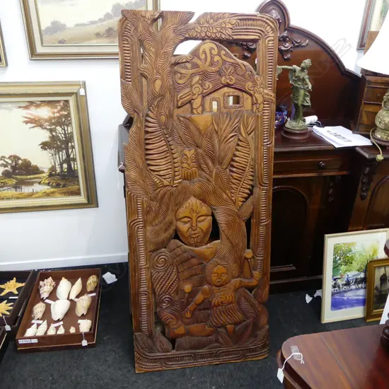 LARVE CARVED MAORI PANEL DEPICTING MARAE, WAHINE, etc 1850x680mm