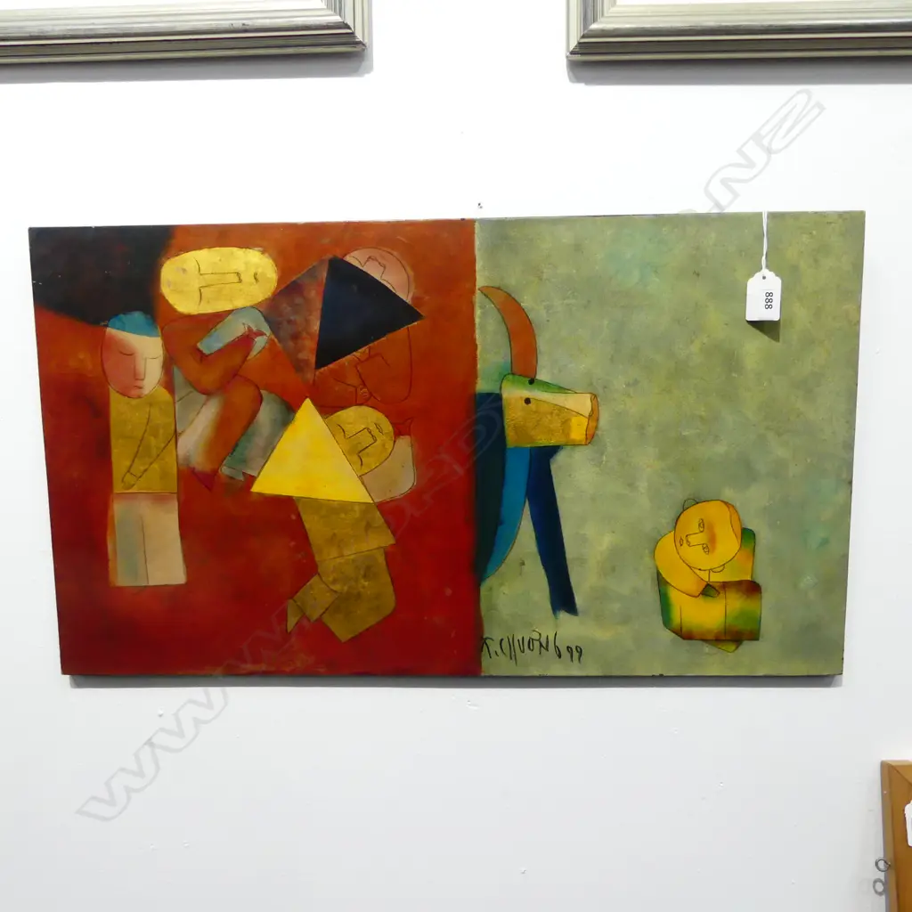 NGUYEN THANH CHUONG (VIETNAMESE b.1949), ABSTRACT, LACQUER & GOLD LEAF ON BOARD, SIGNED & DATED '99, 350x620mm Image 1++