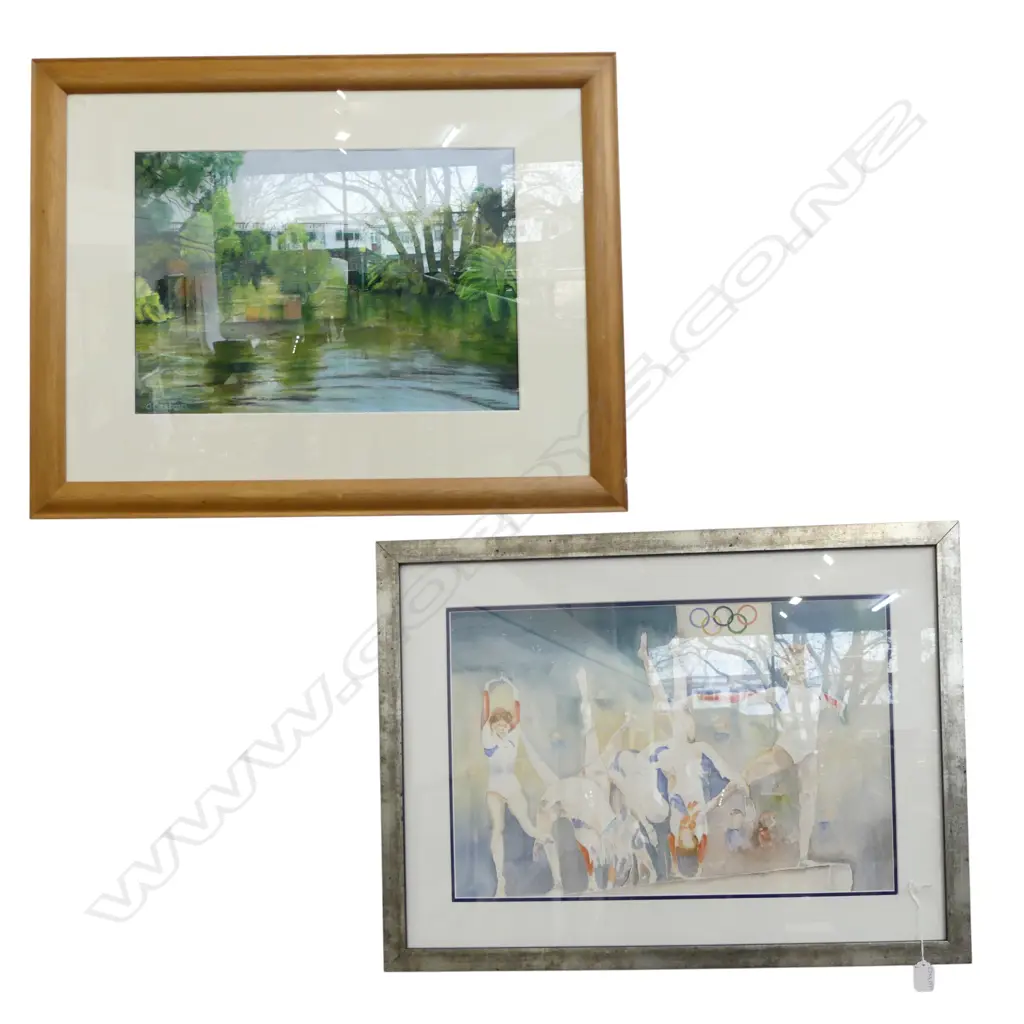 2 ARTWORKS; G.COSTAIN, BRIDGE OVER RIVER, PASTEL 300x440mm, OLYMPIC GYMNAST WC 350x530mm Image 1++