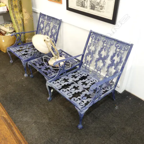 PR BLUE METAL OUTDOOR ARMCHAIRS + TABLE