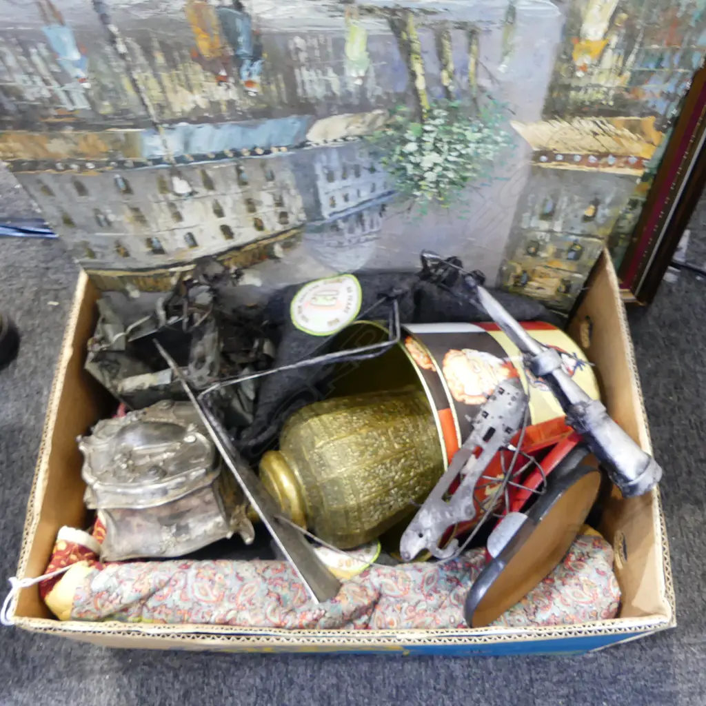 3 ARTWORKS, BLANKETS, 2 FRIZZELL KFC BUCKETS, ORIENTAL BRASS VASE ETC Image 1++