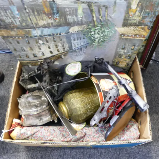 3 ARTWORKS, BLANKETS, 2 FRIZZELL KFC BUCKETS, ORIENTAL BRASS VASE ETC