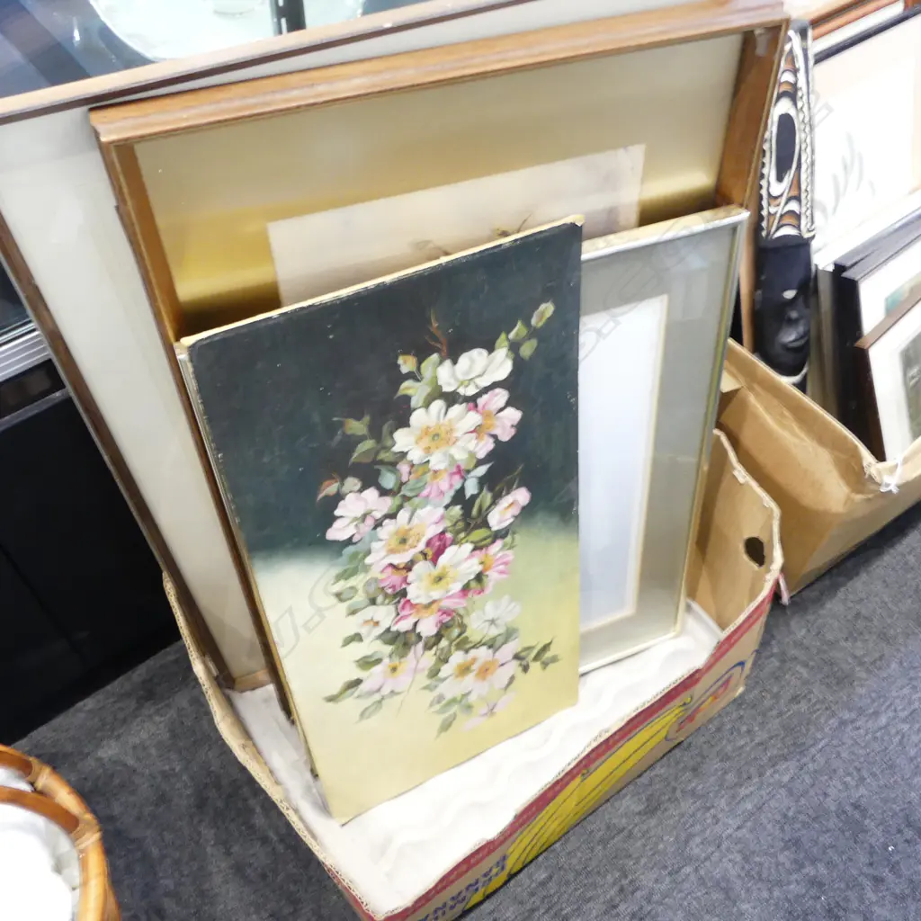 4 ARTWORKS; MALCOLM WARR TAURANGA HARBOUR III PRINT, L. LARDEN FLORAL, ETC Image 1++