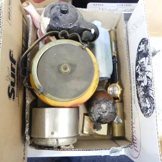 SMALL TRAY VINTAGE COLLECTABLES BRASS THERMOMETER CLOCK CHARACTER TEAPOT ETC (From the Estate of Tommy Doyle)