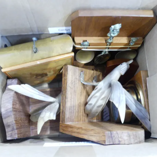 BRASS CASED BAROMETER, PR HORN CARVED BOOK ENDS, TRINKET BOX, etc