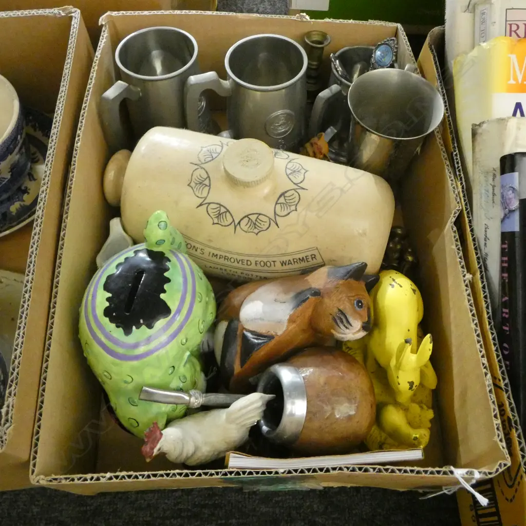BOX LOT DOULTON STONEWARE HOT WATER BOTTLE PEWTER MUGS DOORSTOP ETC (From the Estate of Tommy Doyle) Image 1++