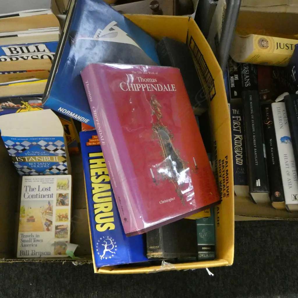 THREE BOXES OF BOOKS/DVDs; BILL BYSON, WWII, etc Image 1++